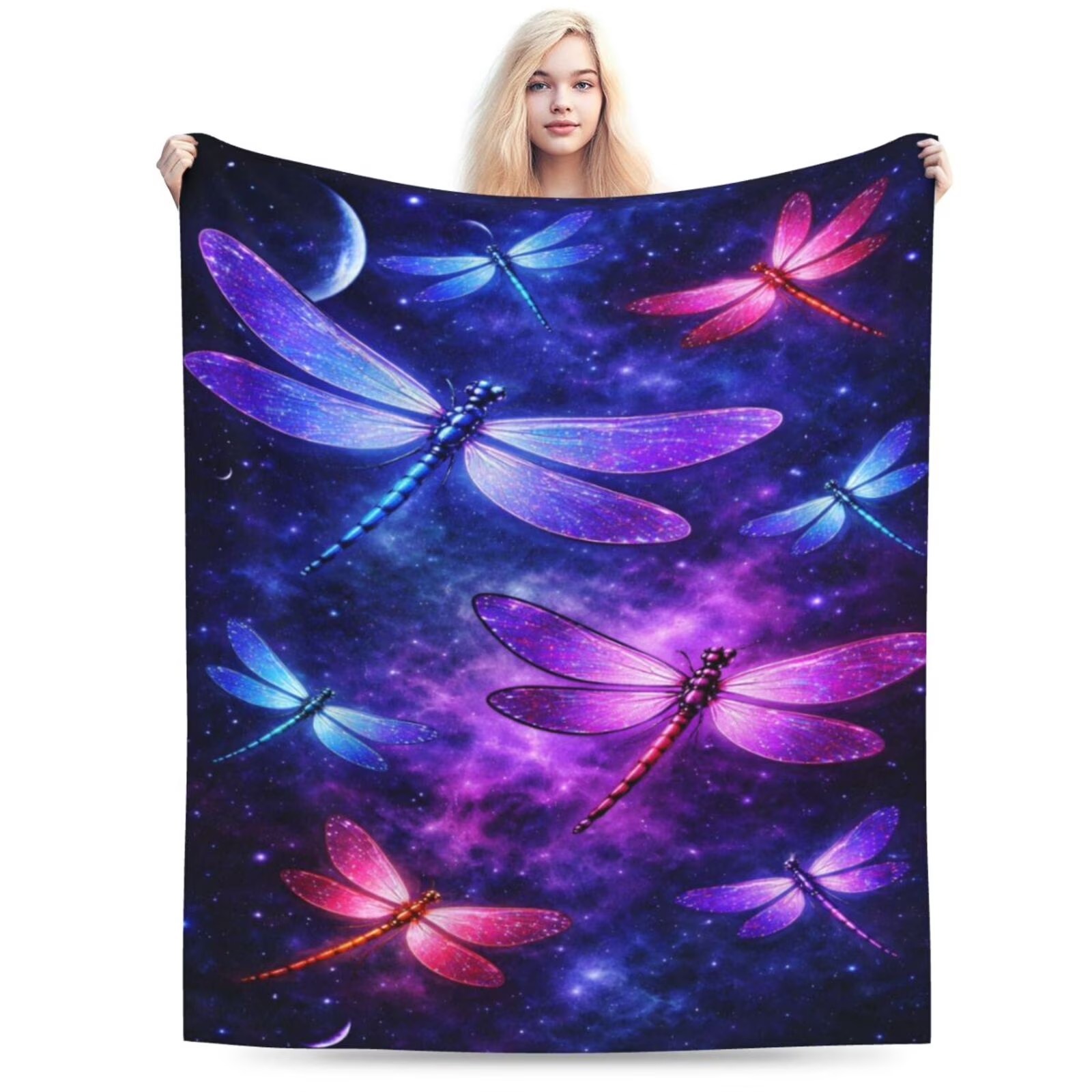 Galaxy Home Textiles - ผ้าห่มฟลานเนลลายแมลงปอคอสมิก พิมพ์ลายกาแล็กซี่ ผ้าฟลีซกันขนร่วง สำหรับตกแต่งบ้าน