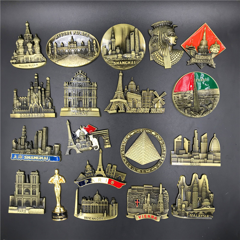 Home Textiles France - แม่เหล็กน่ารัก3D โลหะฝรั่งเศสปารีสสติ๊กเกอร์ตู้เย็นลอนดอนเวียนนารัสเซียพีระมิดอียิปต์ดูไบตู้เย็นแม่เหล็กของตกแต่งบ้านของที่ระลึก