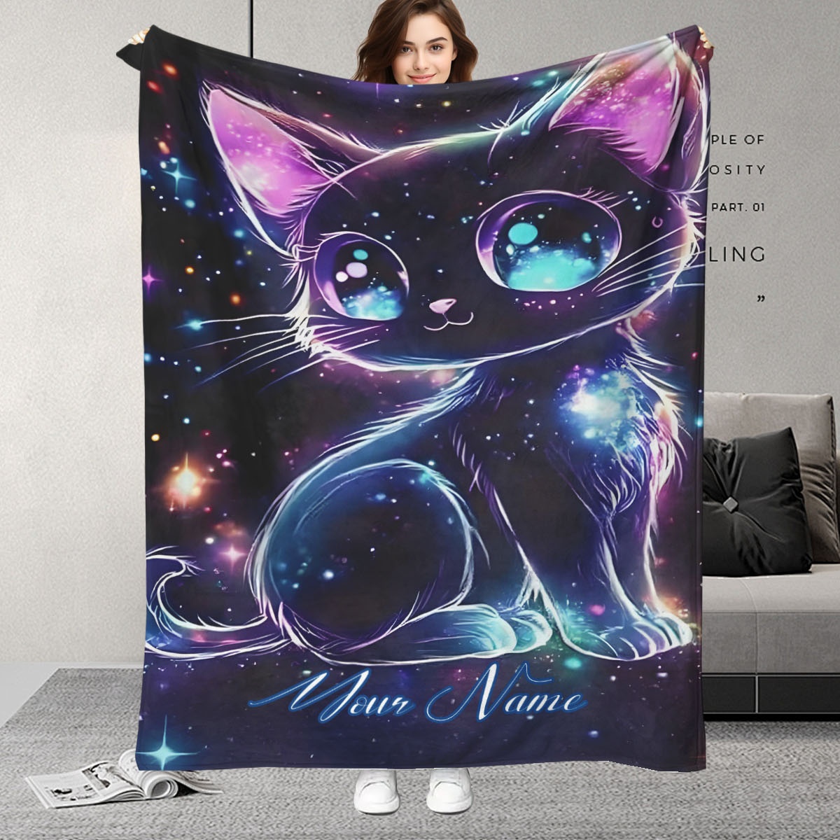Galaxy Home Textiles - ผ้าห่มลายแมวกาแล็กซี่ที่ปรับแต่งได้ ภาพประกอบแมวจักรวาล ของขวัญวันเกิดพร้อมดีไซน์ดวงดาวแสนโรแมนติก