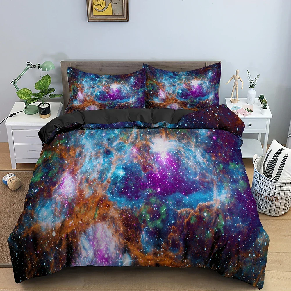 Galaxy Home Textiles - ชุดเครื่องนอนลายกาแล็กซี่อวกาศพิมพ์ลาย 3 มิติสุดหรู พร้อมปลอกผ้านวมและปลอกหมอน สำหรับตกแต่งห้องนอนเด็ก ผ้าปูที่นอนคุณภาพดี