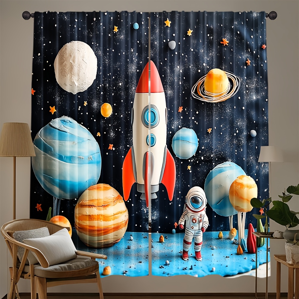 Galaxy Home Textiles - ม่านลายจรวดอวกาศ, ม่านหน้าต่างลายการ์ตูนนักบินอวกาศและดาวเคราะห์, ของตกแต่งห้องเด็กผู้ชายลายกาแล็กซี, ผ้าตกแต่งบ้านแนวไซไฟ