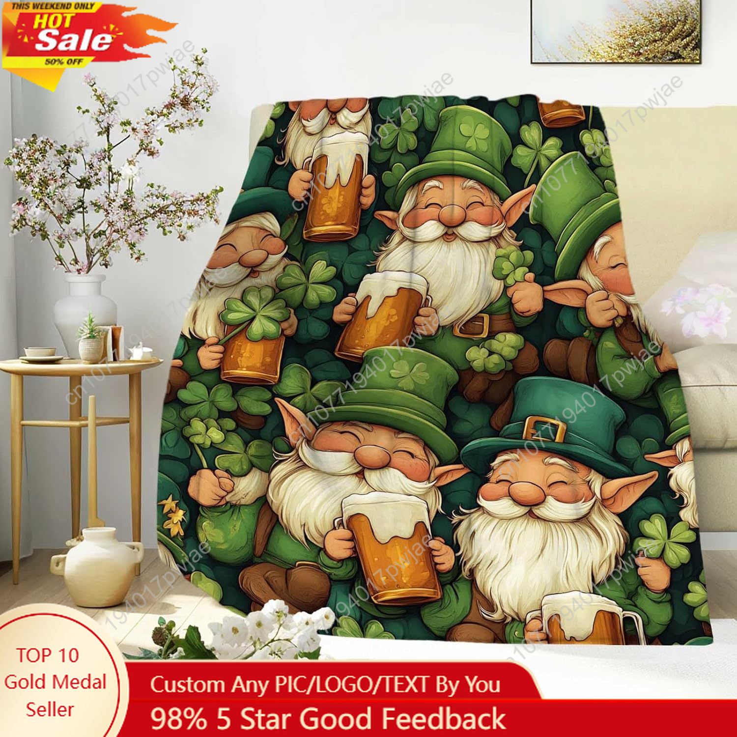 Home Textiles Throw - ผ้าห่มลายกู๊ดแมนวันเซนต์แพทริก พร้อมแก้วเบียร์และลายใบโคลเวอร์ ผ้าห่มสีเขียวแสนสบายสำหรับทุกเพศทุกวัย เหมาะสำหรับวันเซนต์แพทริก ผ้าห่มสั่งทำพิเศษ