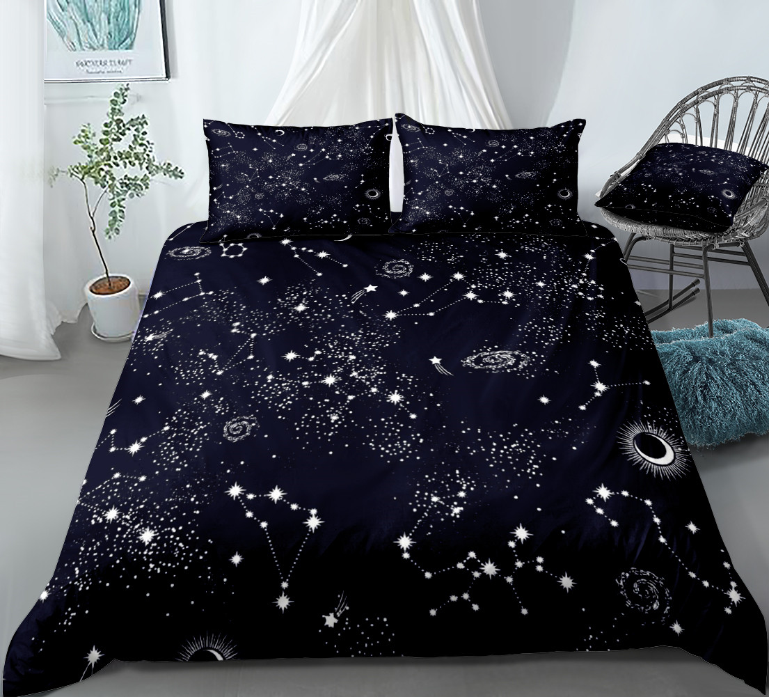 Galaxy Home Textiles - ชุดเครื่องนอนลายดาวสำหรับกลางคืนชุดผ้าปูที่นอนสำหรับเด็กชายเด็กหญิงและเด็กชายผ้าปูเตียงสีฟ้าเข้มผ้าปูเตียงลายกาแล็กซี่สำหรับผู้ชายและผู้หญิงปลอกผ้านวมนุ่ม