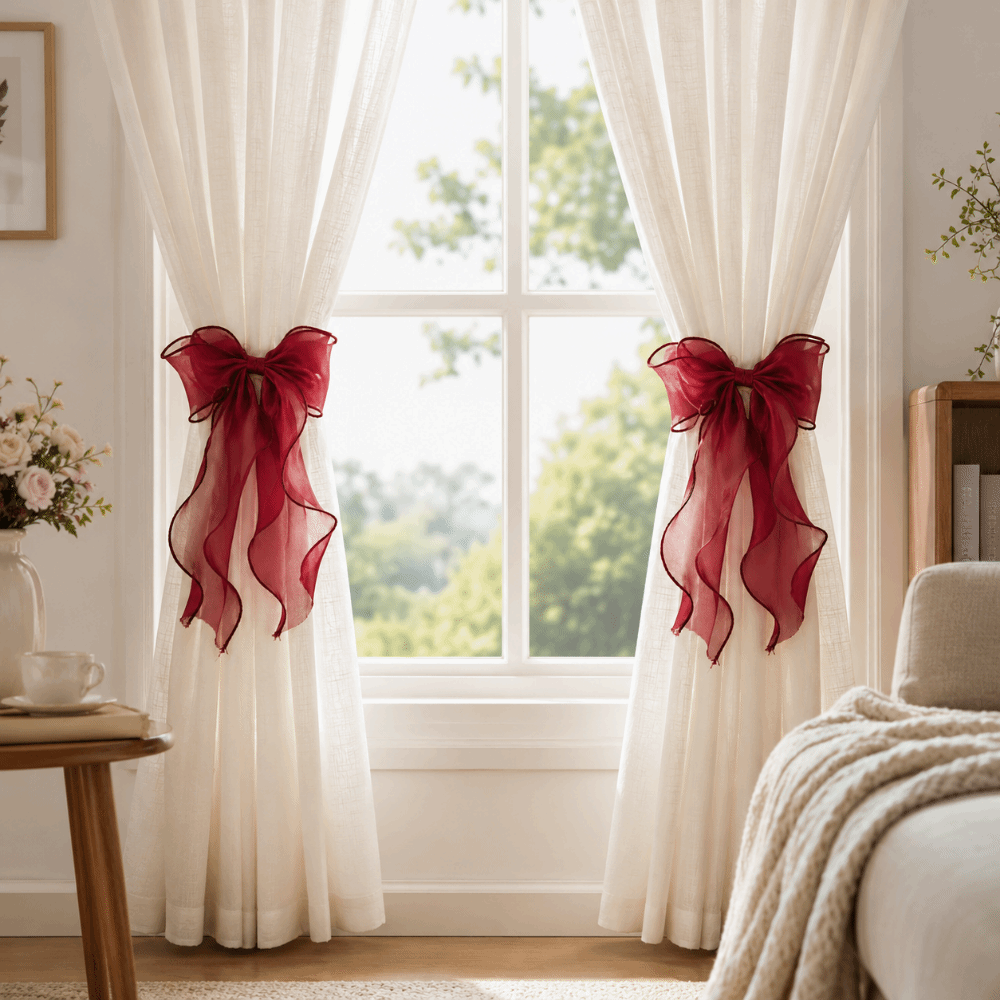 ที่ผูกม่านตาข่ายแบบมีโบว์เงางา - Home Textiles France บทวิจารณ์และราคา