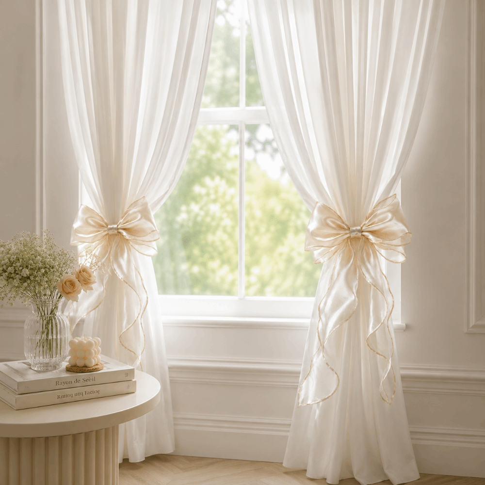 ที่ผูกม่านตาข่ายแบบมีโบว์เงางา - Home Textiles France บทวิจารณ์และราคา